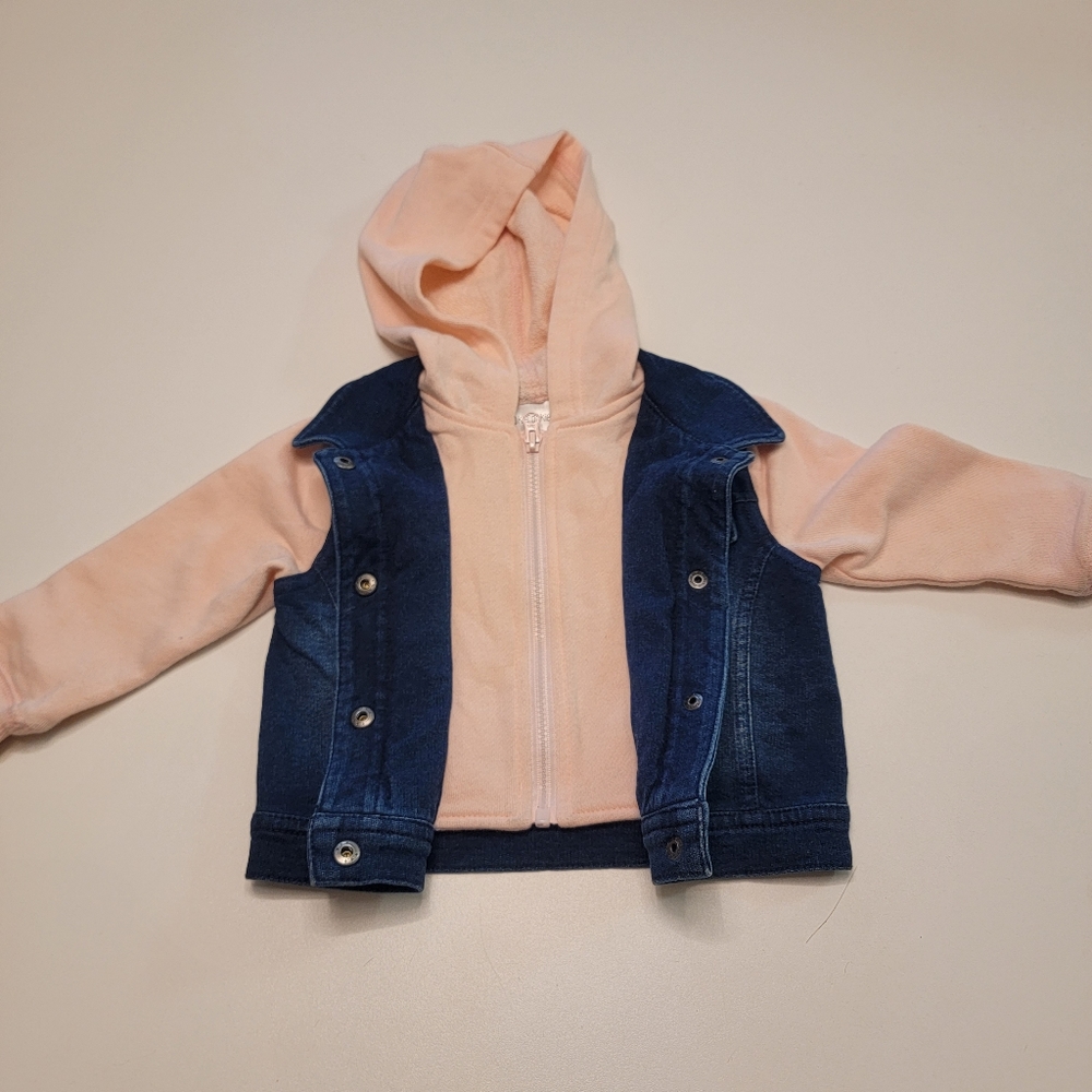Okie Dokie 12 month sweatshirt blue Jean hooded jacket snaps and zipper